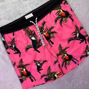 Public Record Mens Swim Shorts L Pink Toucan Birds of Paradise Tropical Trunks